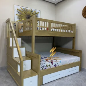 4×6 bottom and 3×6 top double decker bed with staircase storage and white-front drawers