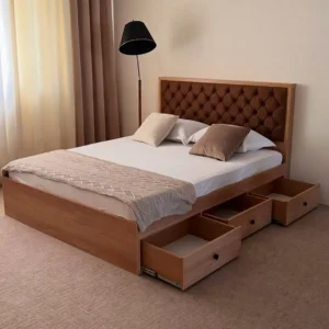 4×6 brown storage bed with button-tufted padded headboard and three visible side drawers