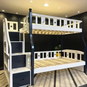 White and dark 4×6 double decker bed with staircase drawers, slatted bases and star-and-moon cut-outs