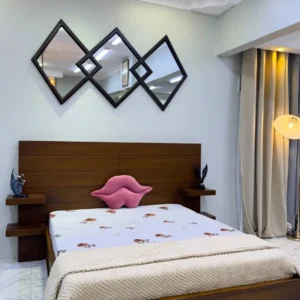 4×6 walnut-brown wooden bed with wide horizontal-panel headboard and integrated bedside shelves