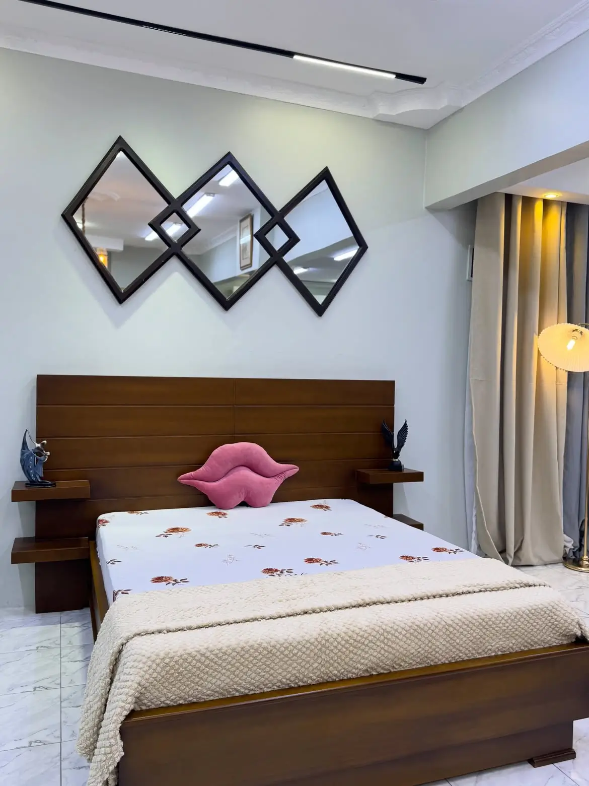 4×6 walnut-brown wooden bed with wide horizontal-panel headboard and integrated bedside shelves