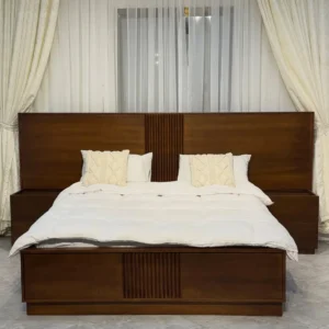 5×6 dark brown panel bed with fluted headboard and two matching bedside tables in Kenya
