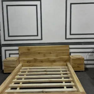 5×6 natural wood-look panel bed with broad rectangular headboard and visible slatted mattress base