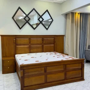 5×6 warm brown wooden bed with tall rectangular-panel headboard and matching panelled footboard
