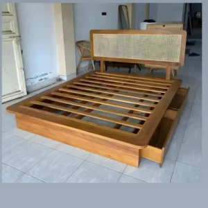 5×6 wood-tone platform bed with woven headboard, slatted base and pull-out side drawer