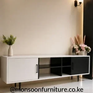 6ft black and white TV console with two side cabinets, open centre shelves and raised black legs