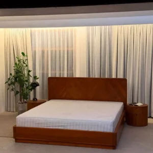 6×6 mahogany wooden platform bed with broad brown wooden headboard and low-profile frame