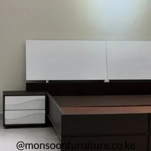 6×6 Rose bed with dark brown frame, large white rectangular headboard panels and a matching two-drawer bedside unit