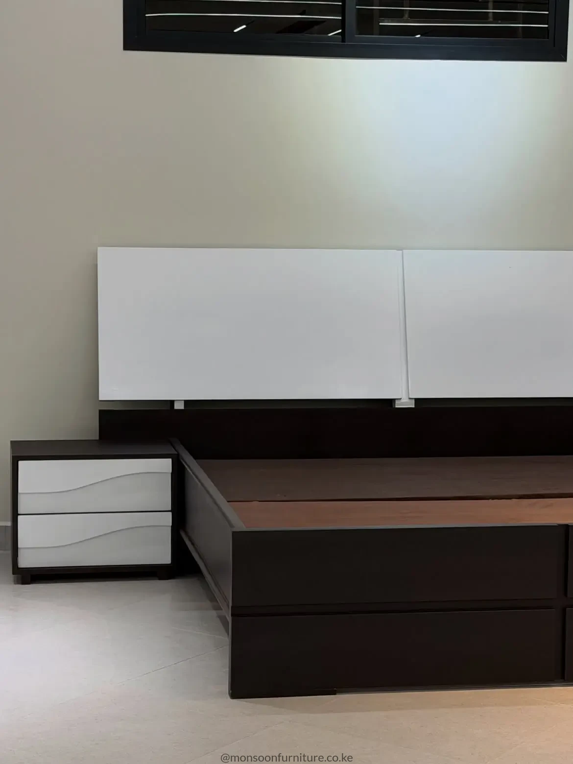 6×6 Rose bed with dark brown frame, large white rectangular headboard panels and a matching two-drawer bedside unit