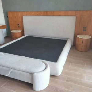 5×6 light neutral upholstered bed with padded headboard, rounded side rails and curved footboard
