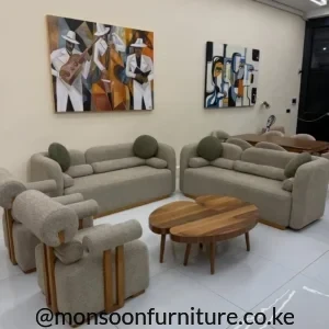 Modern beige boucle 3-2-1 sofa set with wooden accents for luxury living rooms in Kenya