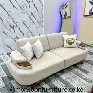 Beige curved 3 seater fabric sofa with wooden arm accents for modern living rooms