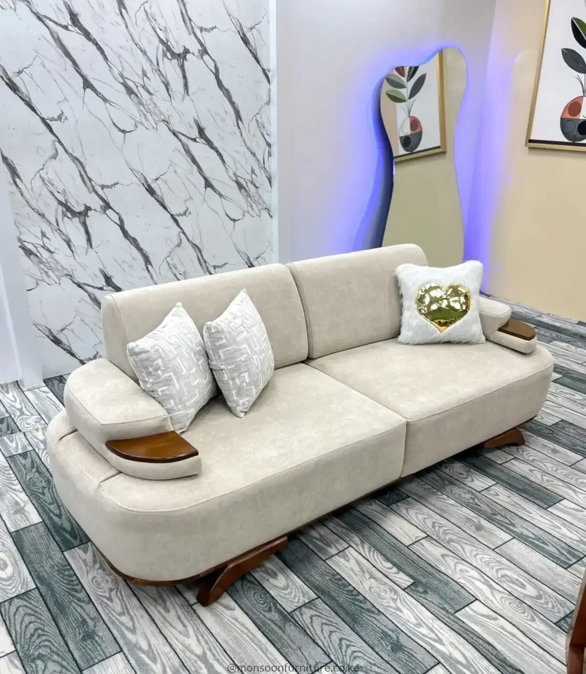 Beige curved 3 seater fabric sofa with wooden arm accents for modern living rooms