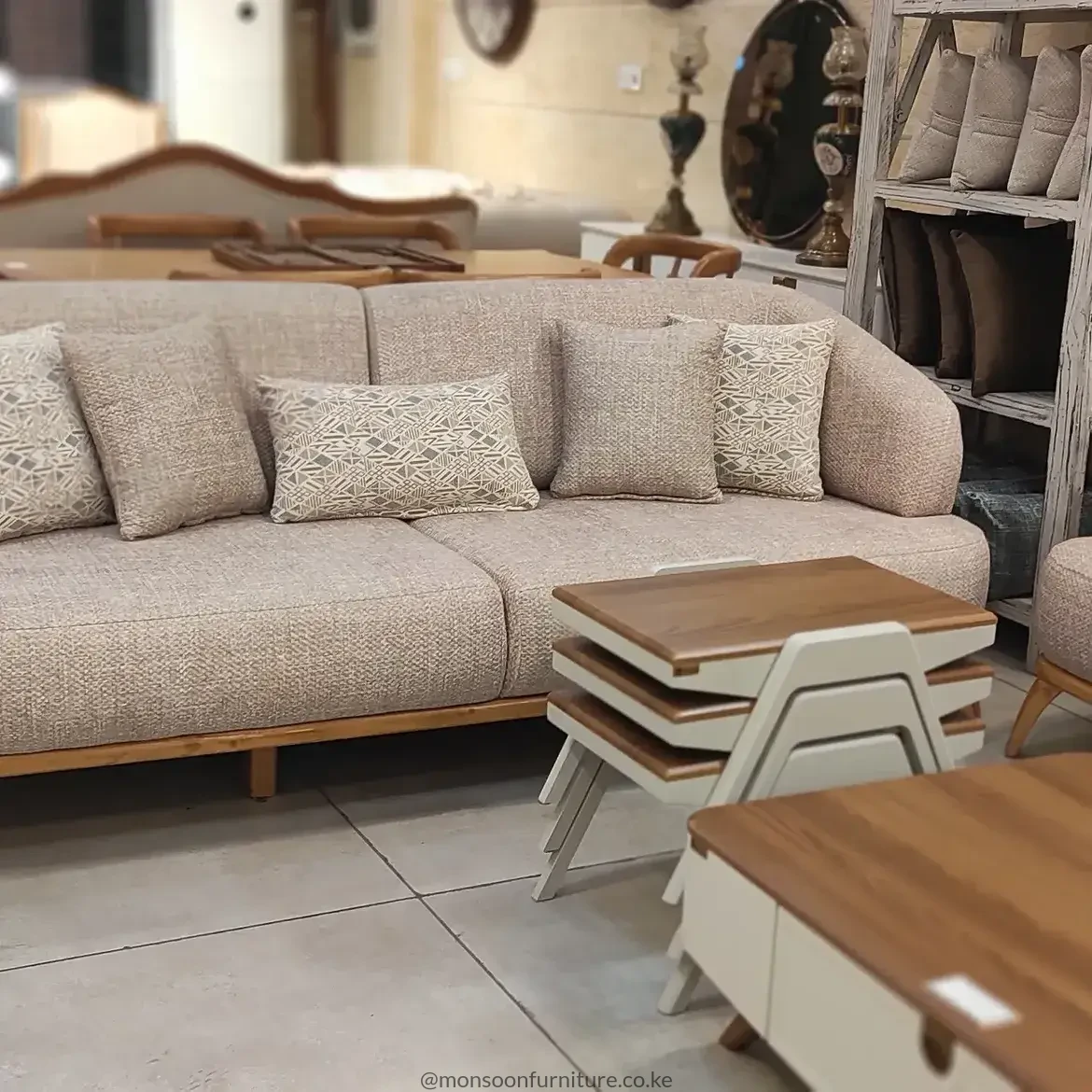 Beige Wraparound Sofa with Wood-Tone Base | Kenya - Image 2