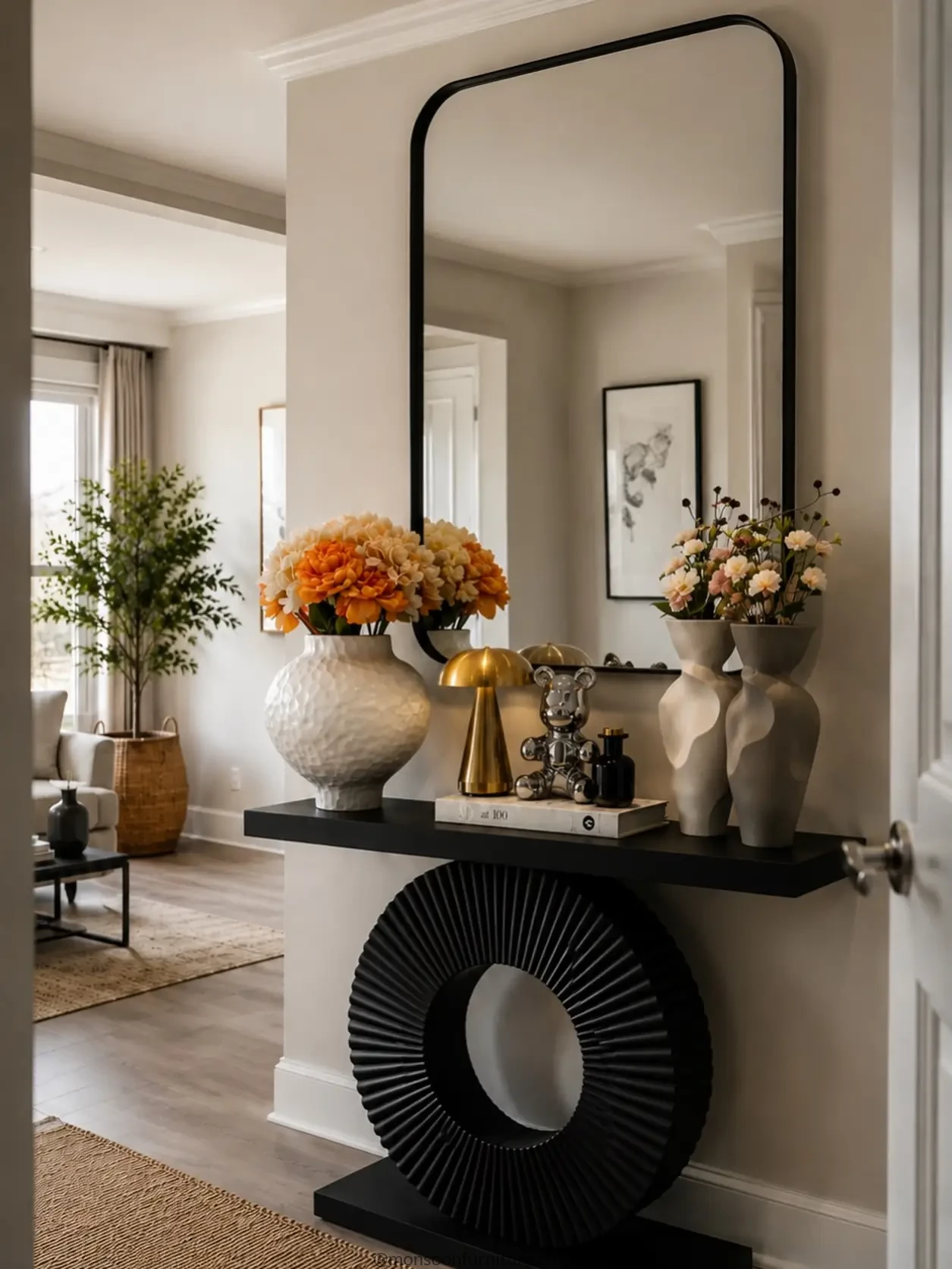 Black slim entryway table with a large ribbed ring-shaped support beneath a tall rounded-corner wall mirror.
