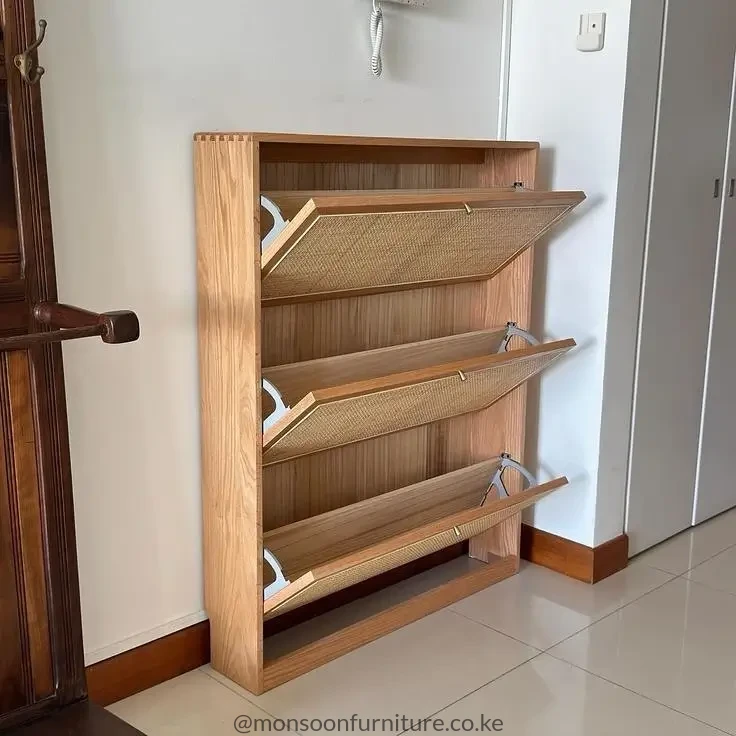 Brown 3-Panel Woven Entryway Shoe Cabinet Kenya - Image 2
