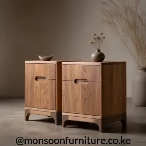 wo warm brown Cabildo Blackwood bedside cabinets with recessed finger pulls, visible grain and raised shaped bases.