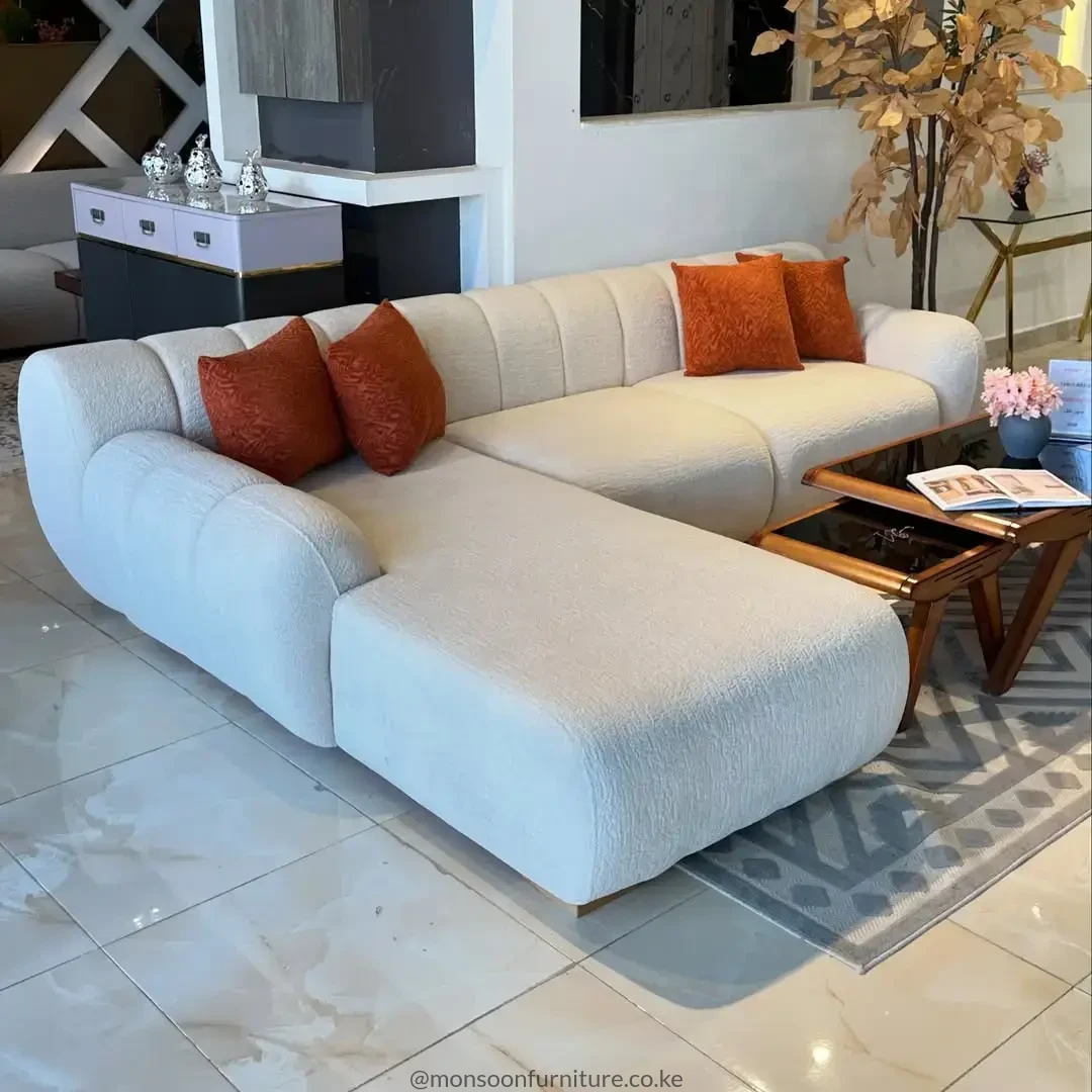 Cream boucle L shape sofa with chaise lounge for modern living rooms in Kenya