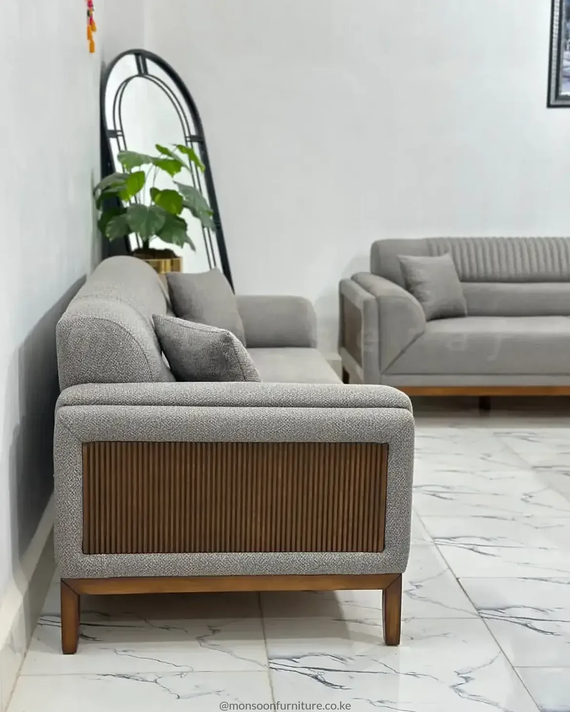 Cream Channel-Detail Sofa with Wood-Tone Base | Kenya - Image 2