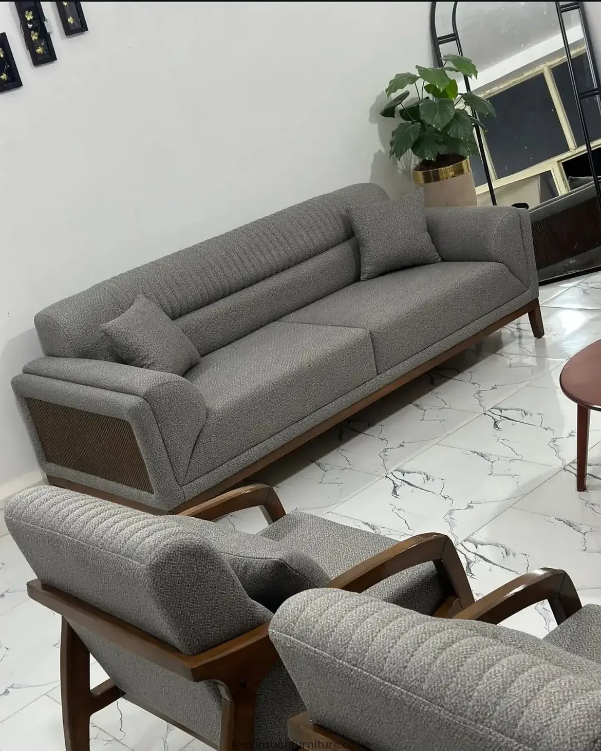 Cream Channel-Detail Sofa with Wood-Tone Base | Kenya - Image 3
