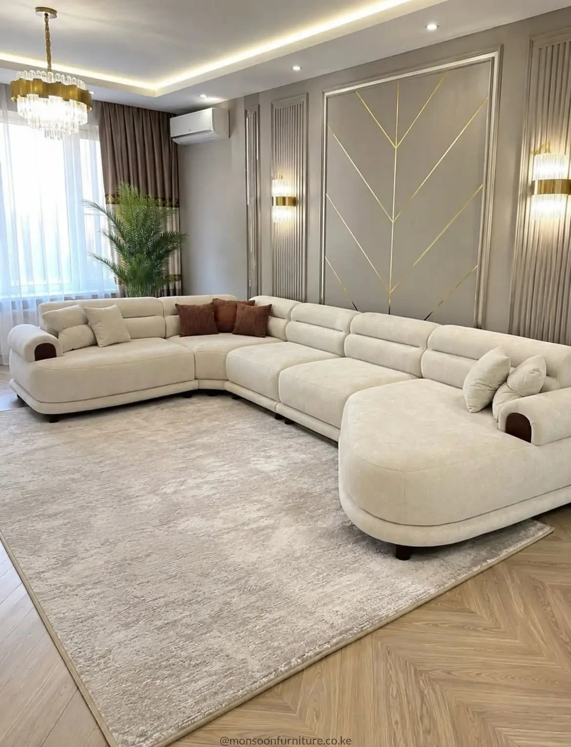 Cream U-shaped corner sofa measuring 4.5m by 2.6m in a modern living room