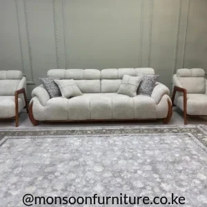 Cream rounded-arm living room set with one sofa, two armchairs and four cushions