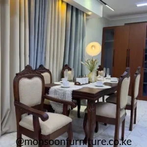 Dark walnut 6 seater carved wooden dining set with upholstered chairs in Kenya