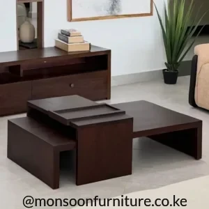 Dark walnut nesting coffee table with minimalist layered design for modern living rooms in Kenya.