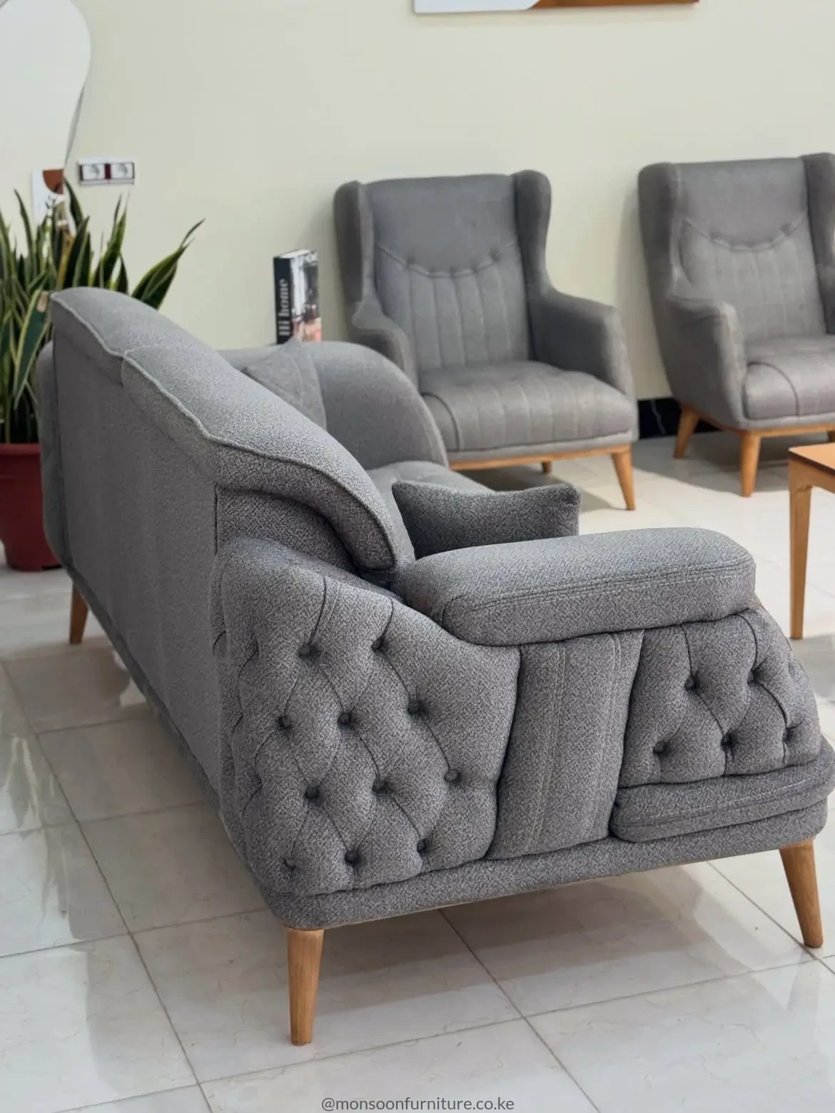 Grey Tufted Wood-Accent Sofa | Kenya - Image 2