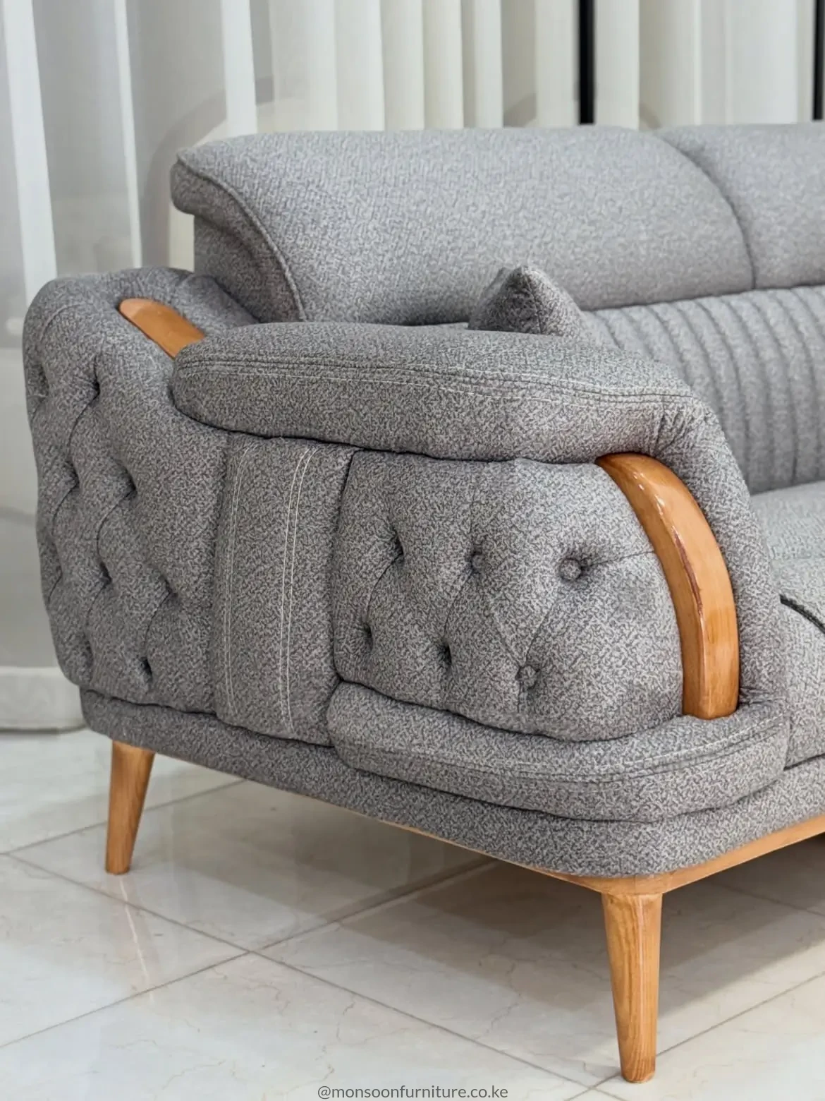 Grey Tufted Wood-Accent Sofa | Kenya - Image 3