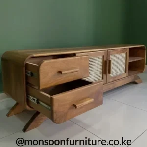 Hazeran 180 cm media console with two drawers, woven-panel doors, open shelves, rounded corners and angled wooden legs.