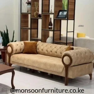 Ipek 8-seater cream sofa with rounded rolled arms, tufted back and wood-tone accents