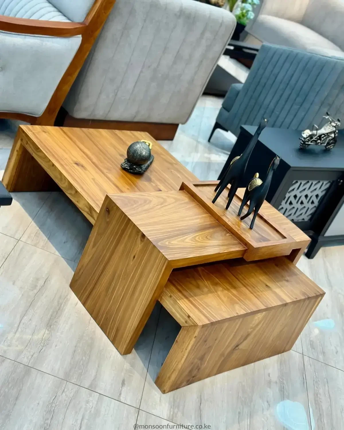 Wood-Tone Nested Coffee Table Set Kenya – Layered Design - Image 2