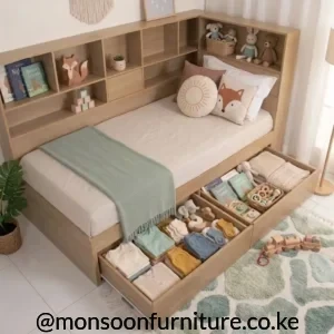 Pine drawer bed with open shelving headboard and under-bed storage drawers
