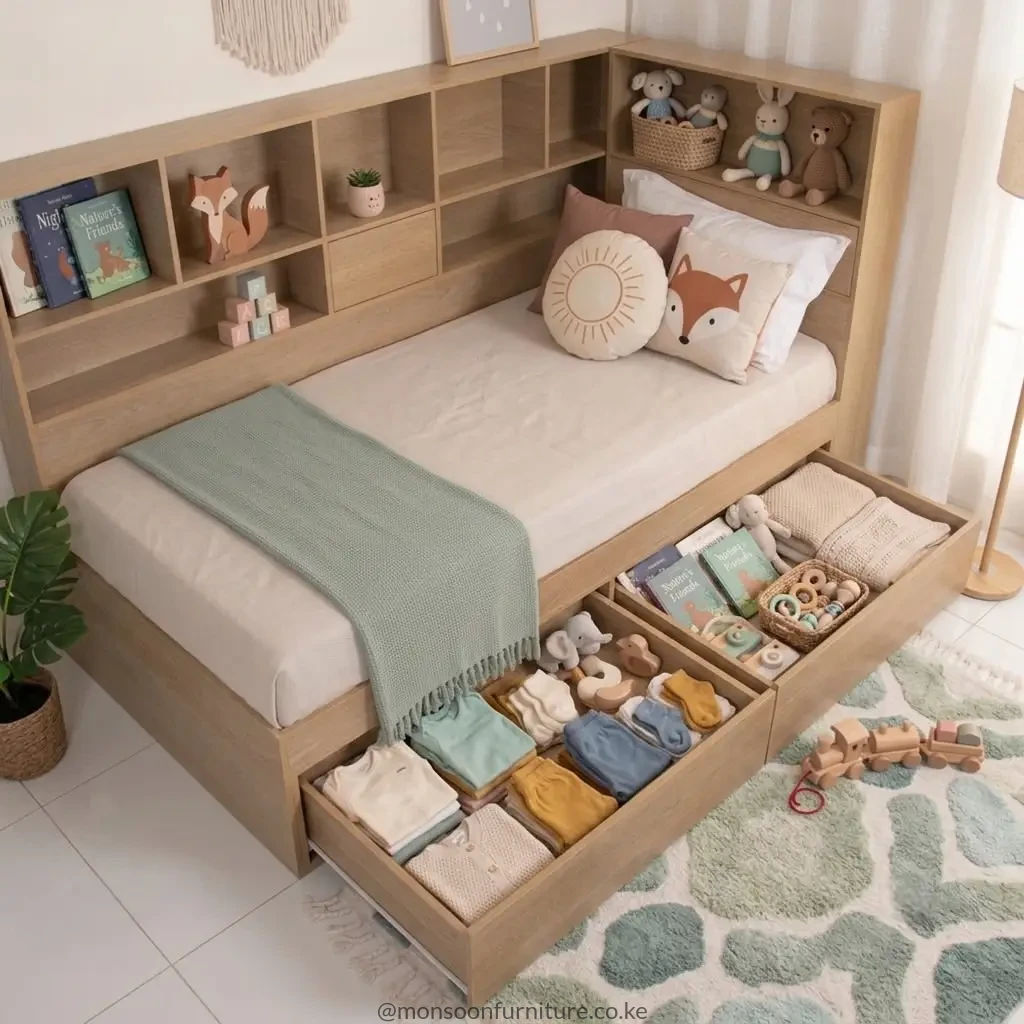 Pine drawer bed with open shelving headboard and under-bed storage drawers