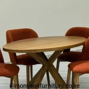 Rust upholstered 4 seater oval dining set with a wood-finish cross pedestal table in Kenya