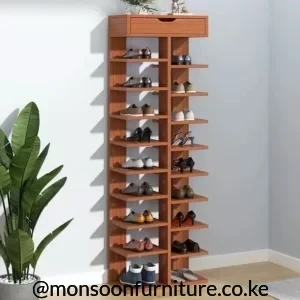 Tall brown open shoe rack with two columns of multiple shelves, a full-width top drawer and footwear displayed on each side.