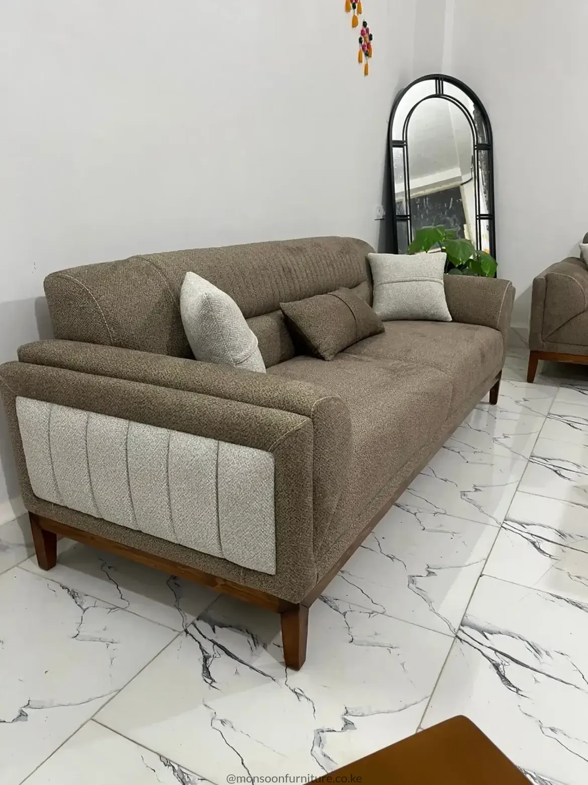 Taupe Contrast-Panel Sofa with Wood-Tone Base | Kenya
