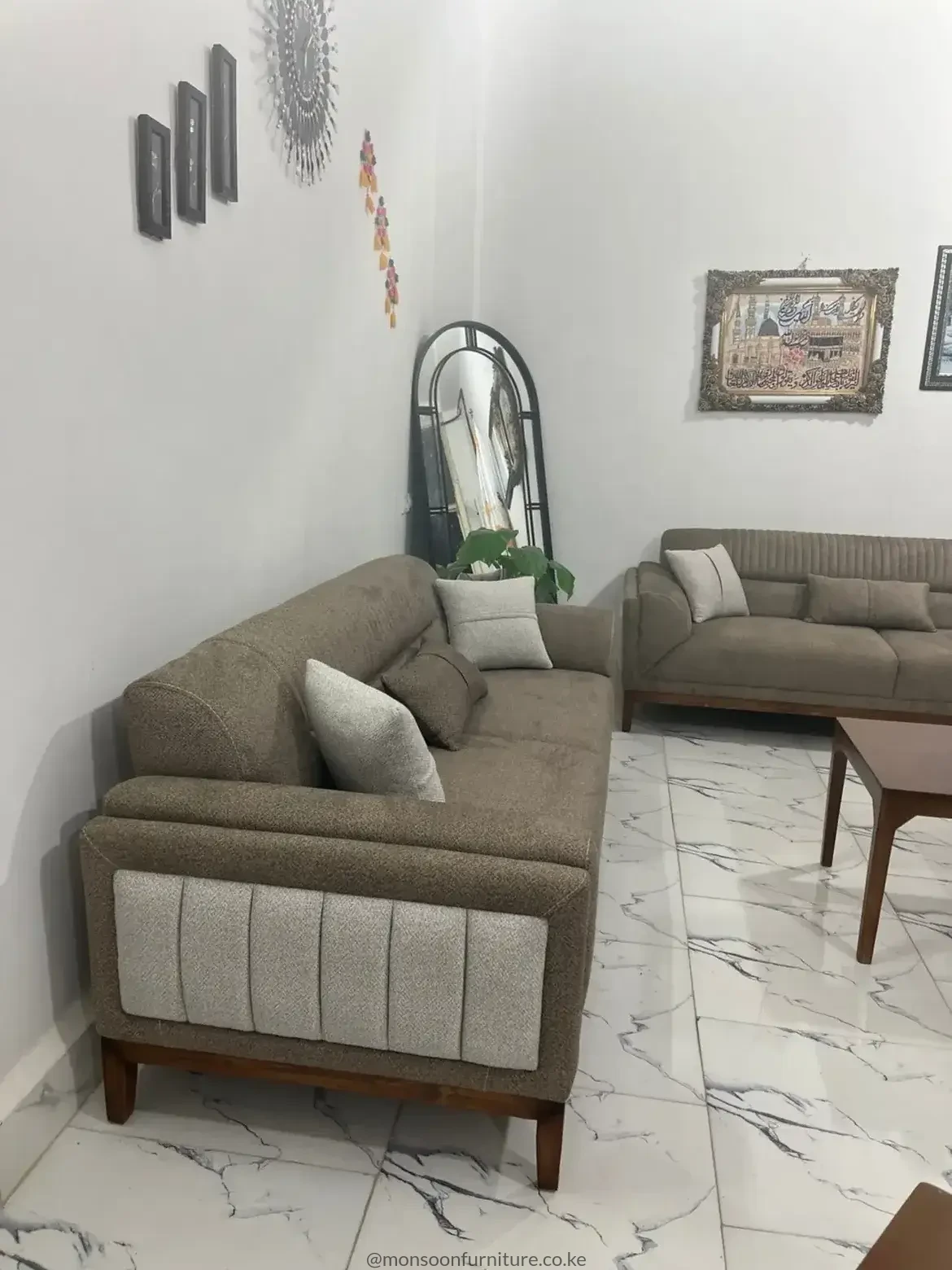Taupe Contrast-Panel Sofa with Wood-Tone Base | Kenya - Image 2