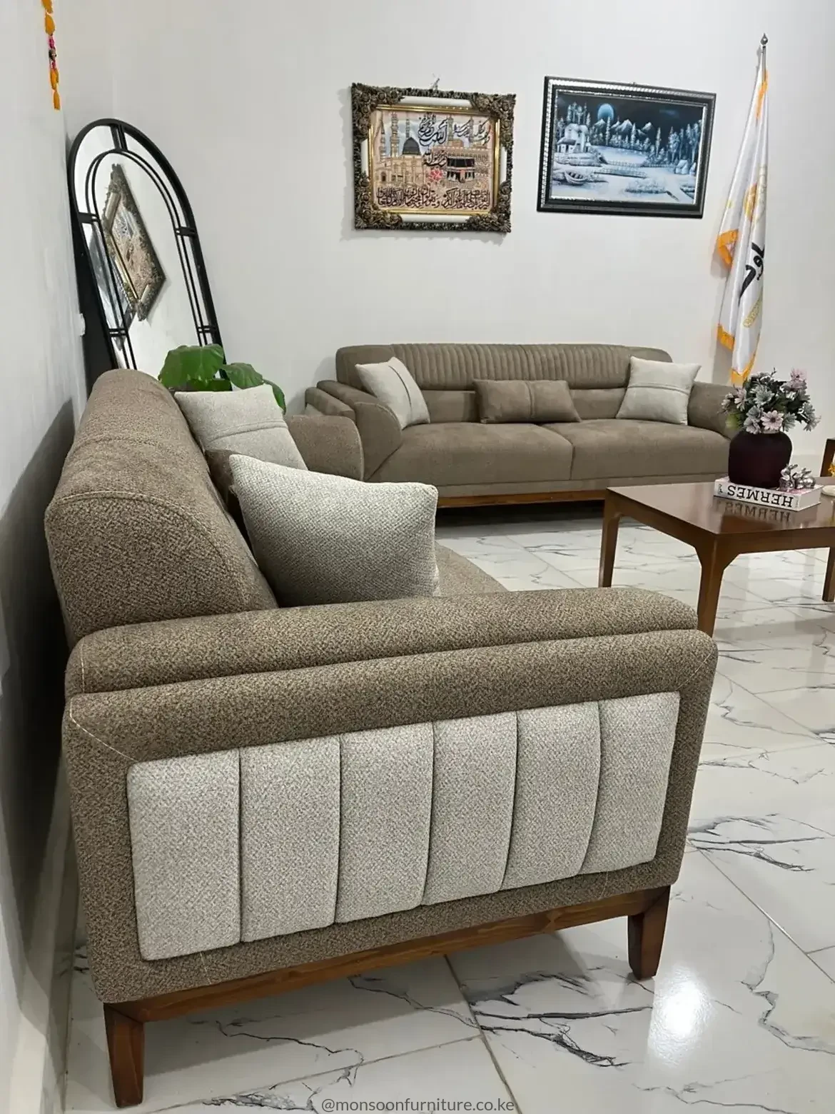Taupe Contrast-Panel Sofa with Wood-Tone Base | Kenya - Image 3