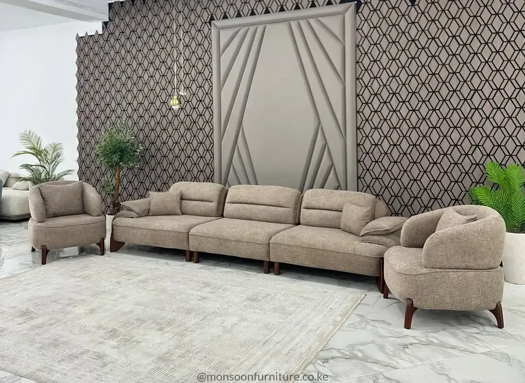 Taupe modular five-seater sofa set with matching lounge chairs for modern homes in Kenya