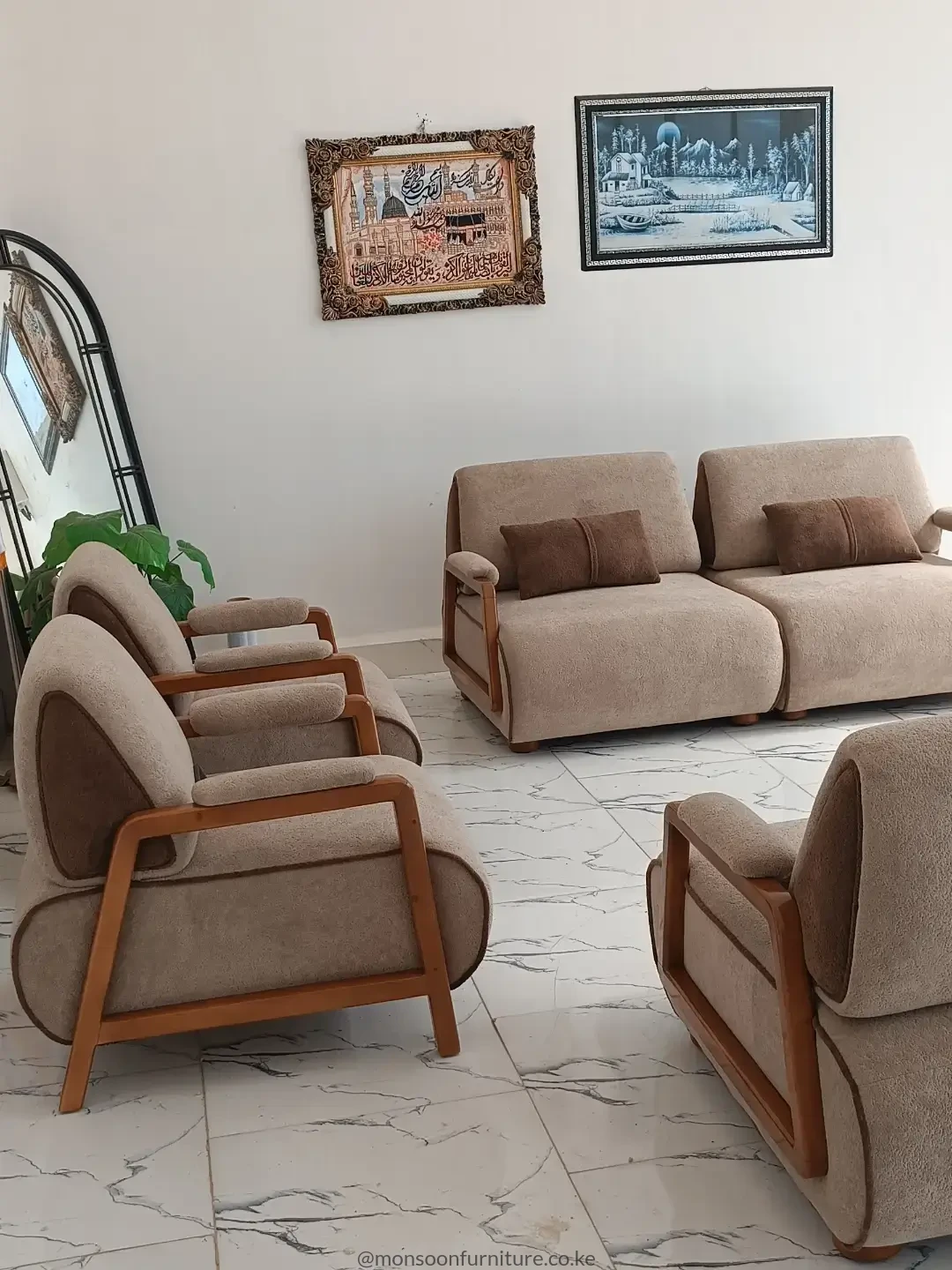 Taupe Sculpted-Arm Sofa with Wood-Tone Frame | Kenya - Image 2