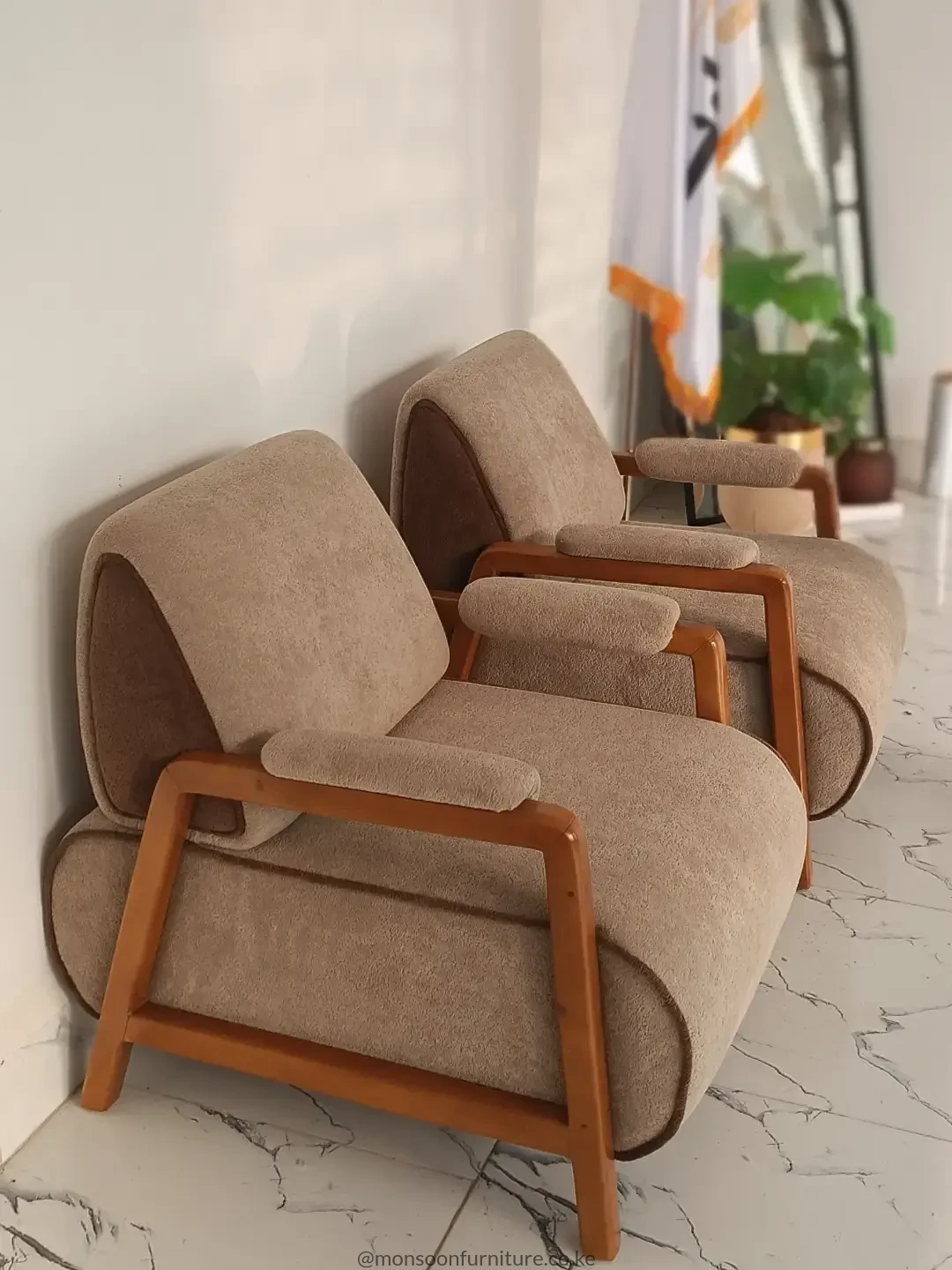 Taupe Sculpted-Arm Sofa with Wood-Tone Frame | Kenya - Image 3