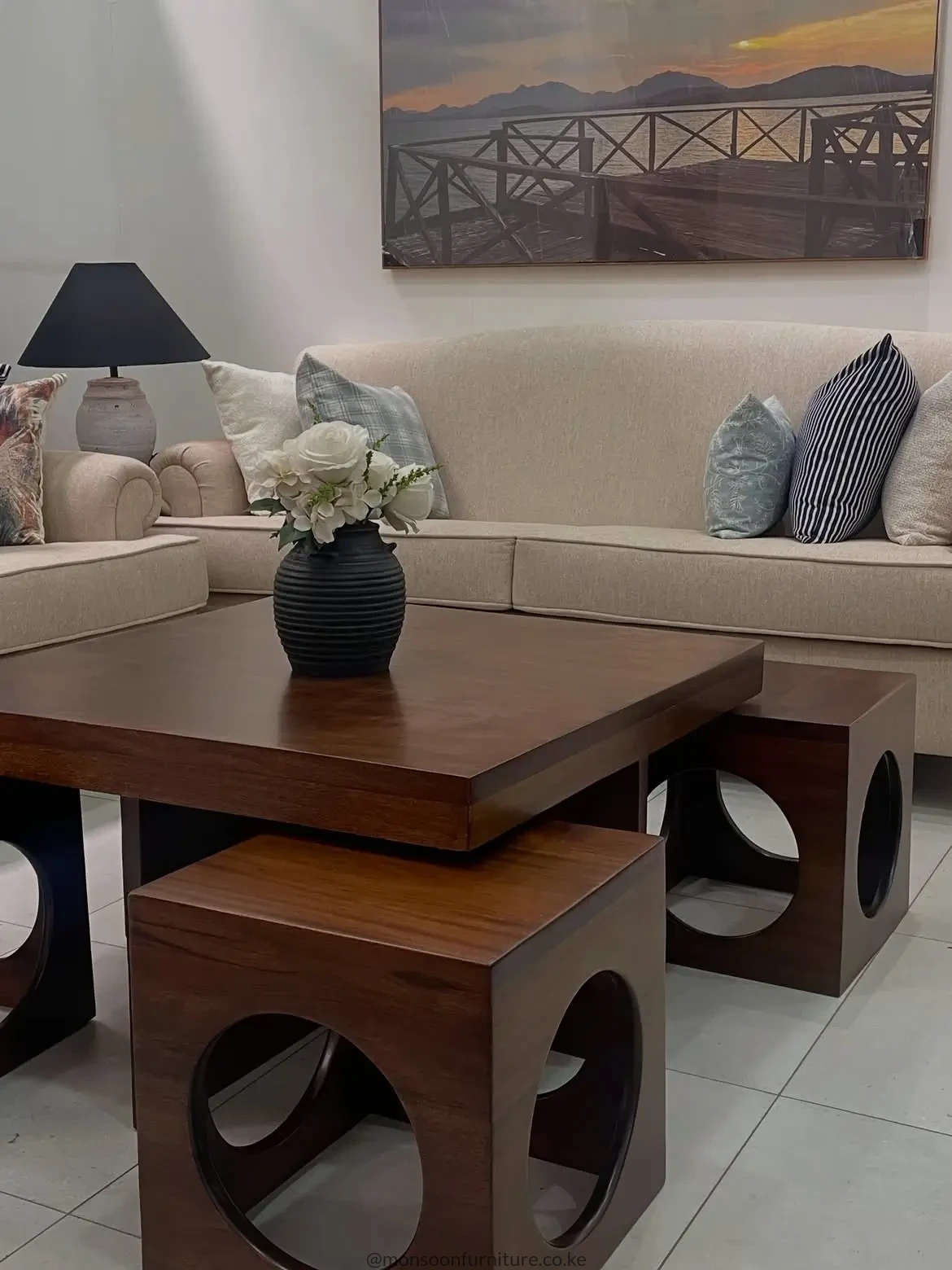 Square Coffee Table with 4 Pull-Out Stools Kenya - Image 3
