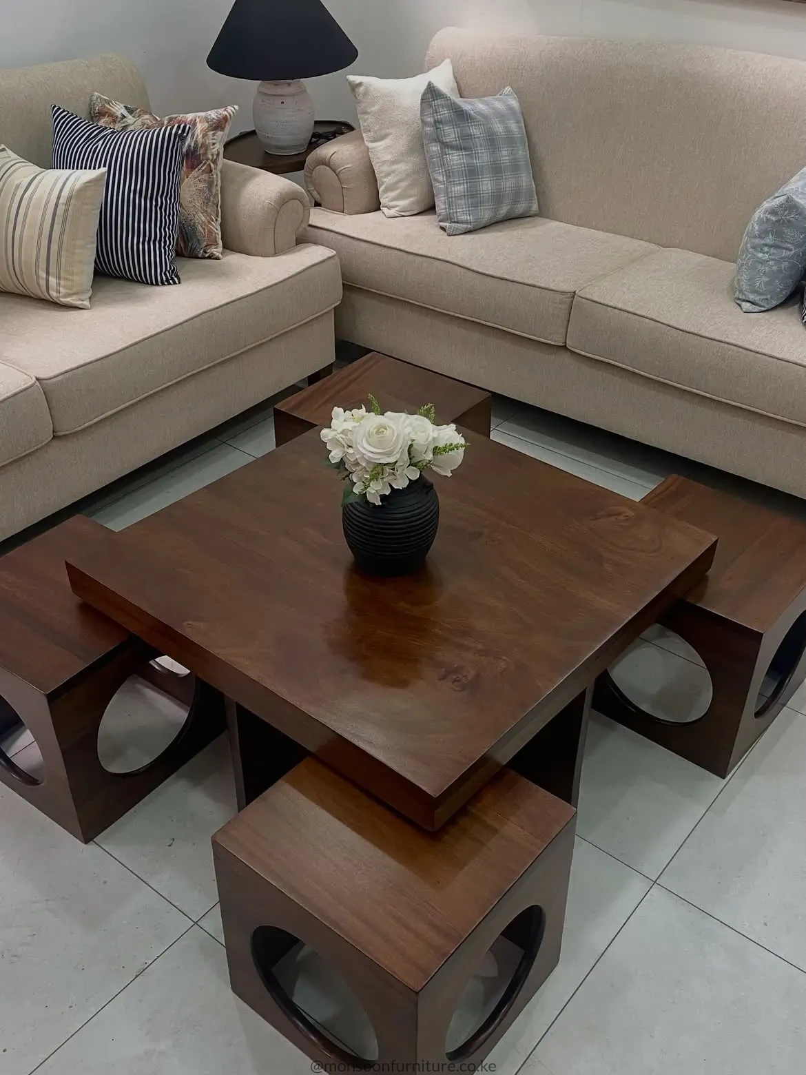Square Coffee Table with 4 Pull-Out Stools Kenya - Image 2