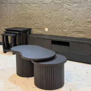 Black fluted 6-foot TV console with two rounded nesting coffee tables in a matching dark finish