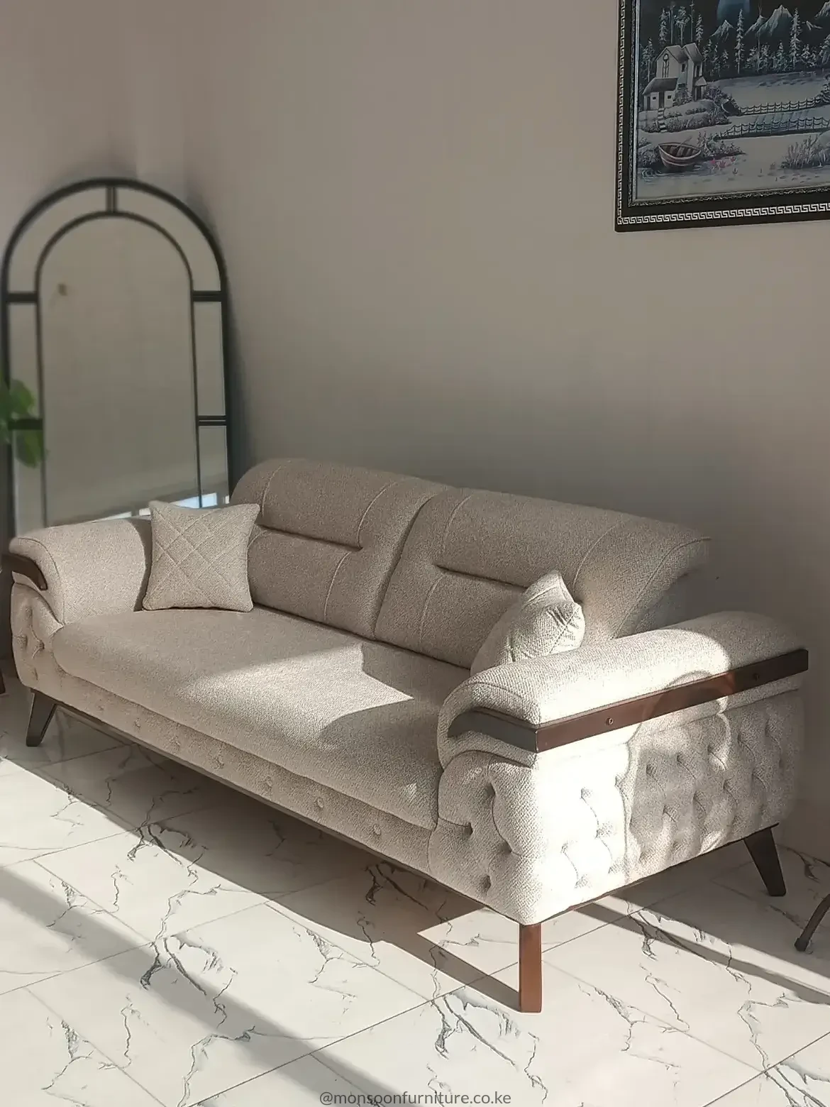 Warm Grey Tufted-Arm Sofa with Wood-Tone Trim | Kenya - Image 2