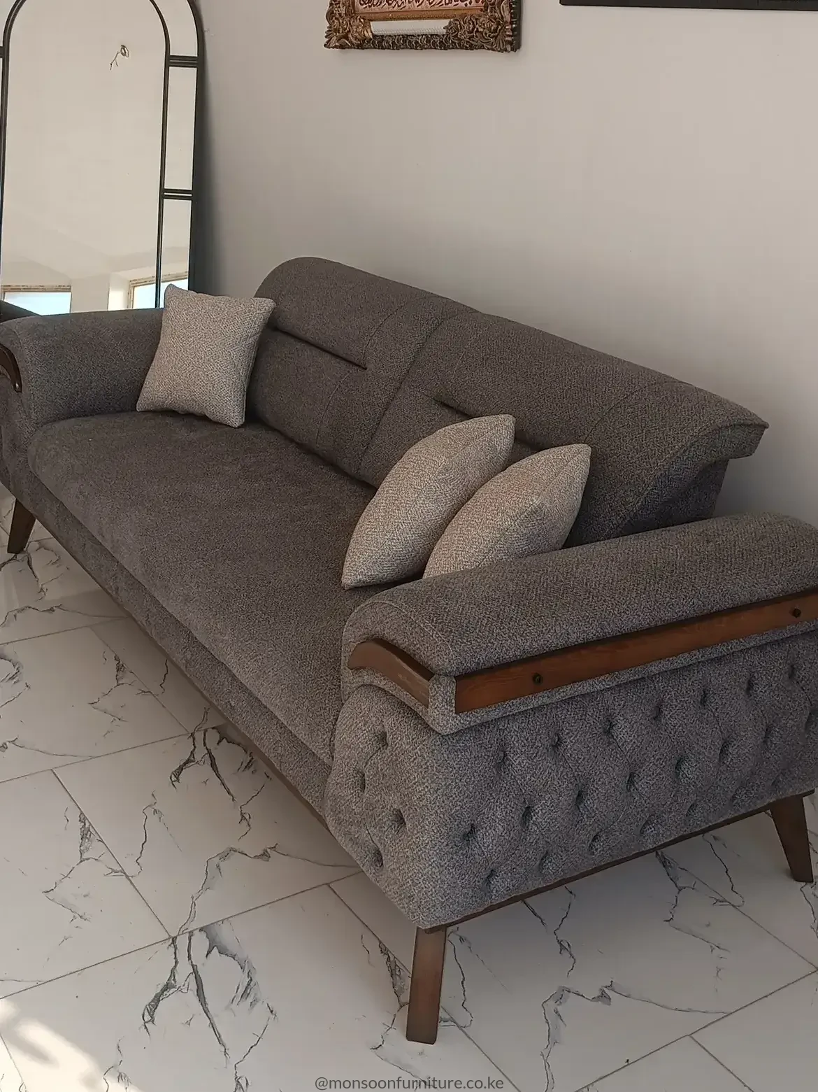 Warm Grey Tufted-Arm Sofa with Wood-Tone Trim | Kenya - Image 3