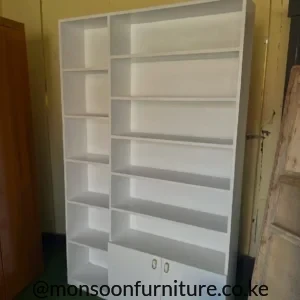 White shoe rack with open shelves and two lower cabinet doors