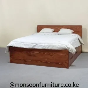 Front view of a warm brown wood-grain bed with rectangular headboard and footboard, dressed in white bedding.